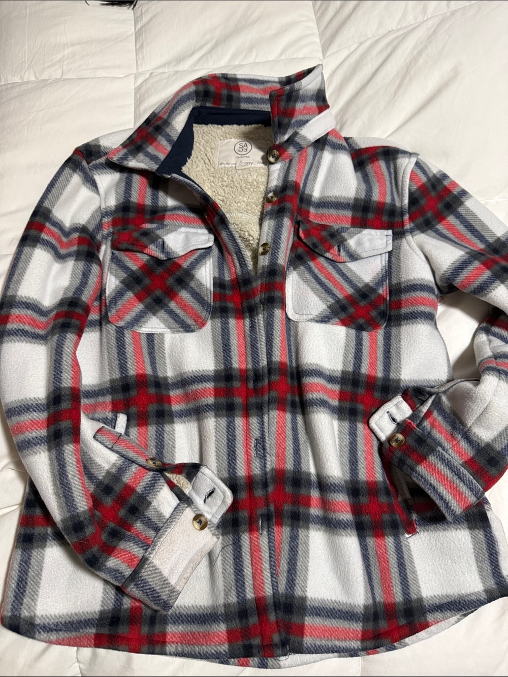 Sage White, Red & Gray Plaid Sherpa-Lined Utility Jacket
